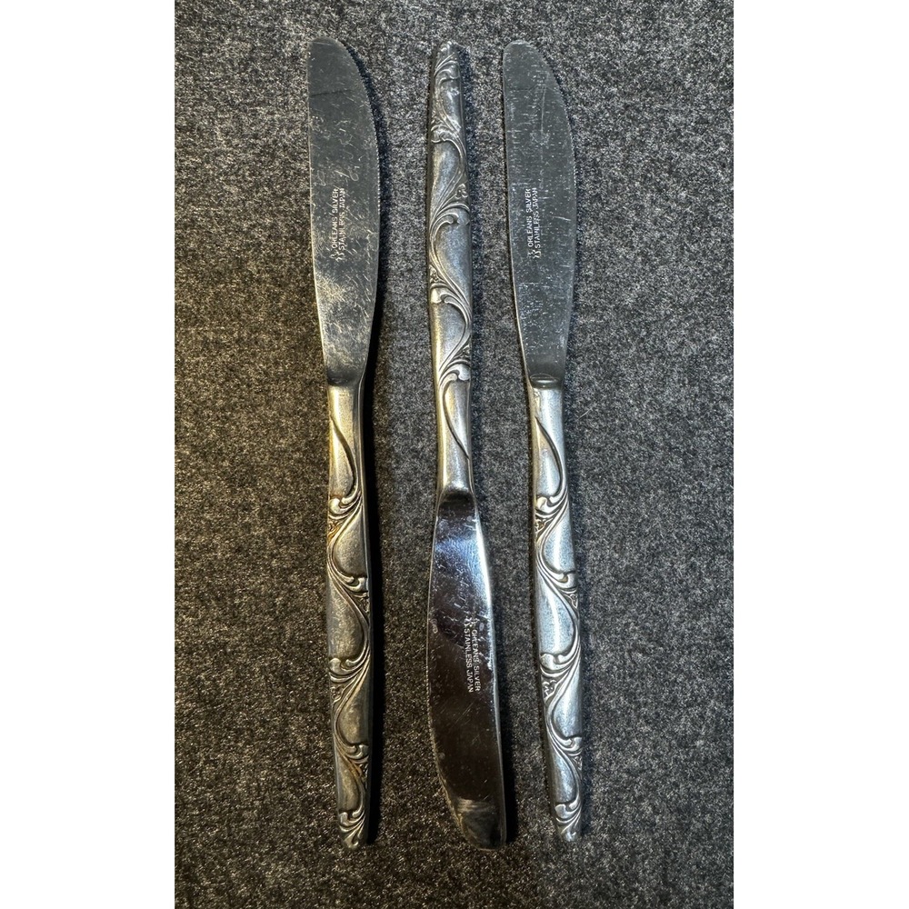 Orleans Ladies Fingers Pattern Stainless Set of 3 Dinner Knives Japan Vntg 50's‎